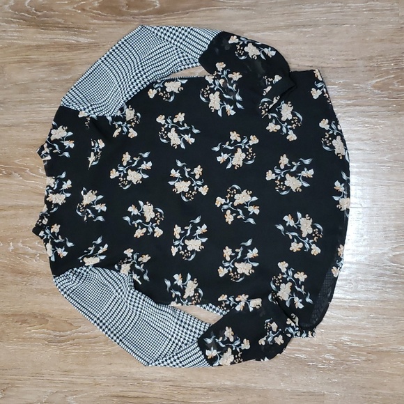 (S) Calvin Klein Floral Sheer Overlay Houndstooth Statement Sleeve Blouse Ruffle - Picture 9 of 9